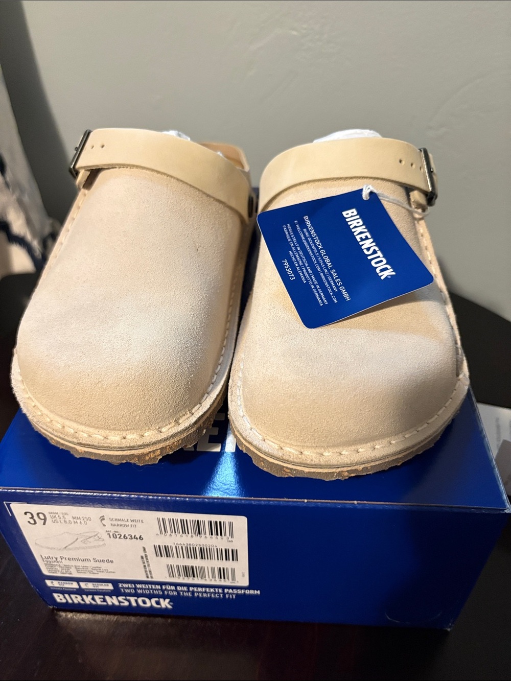 NWT and Box - Women's Birkenstock Lutry Premium Suede in Eggshell - Size 39